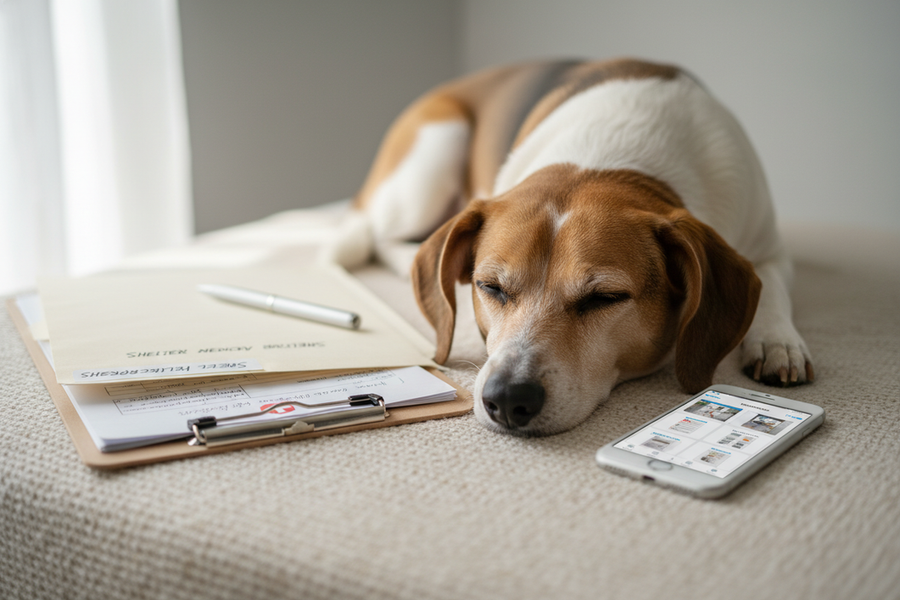 Rescue dog vaccination verification concept with a shelter medical folder, a vet clipboard, and a calm dog