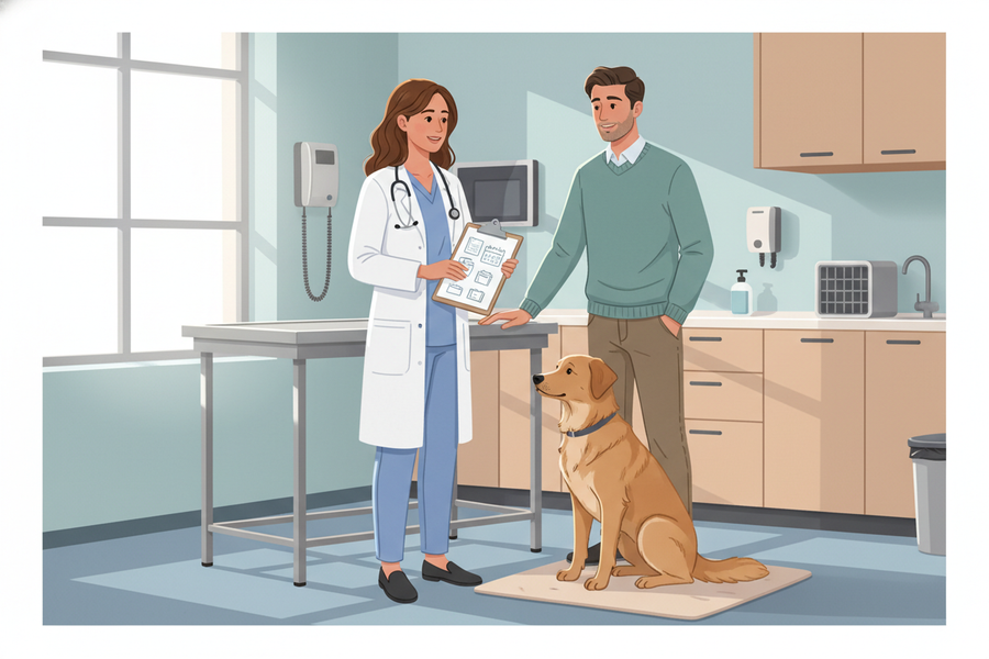 Veterinarian discussing a personalized non-core vaccine plan with a dog owner in an exam room