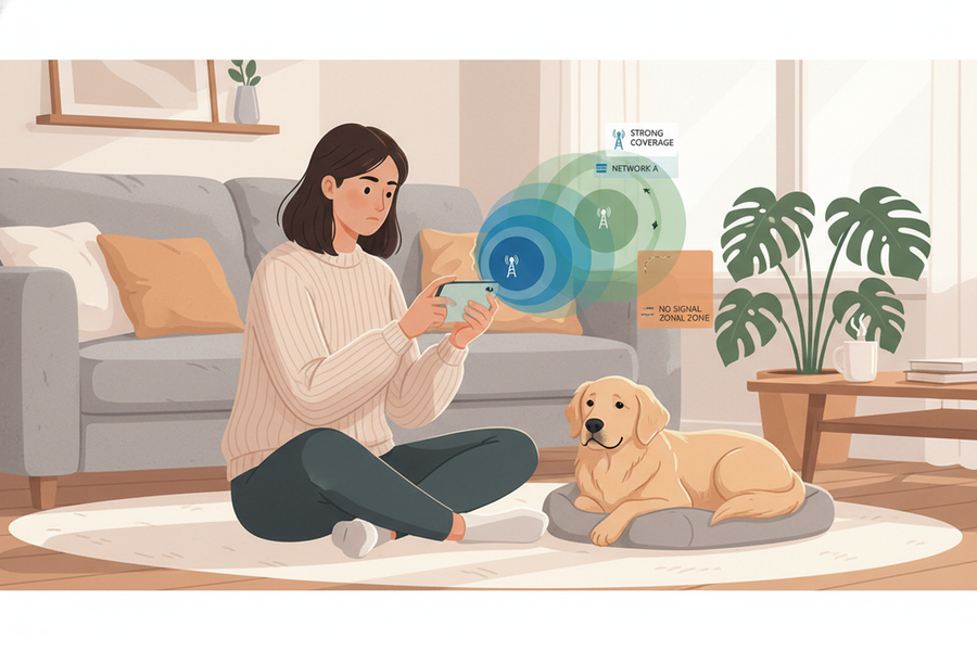 Dog owner checking coverage zones on a phone while a dog sits nearby, illustrating how network switching affects tracker updates.