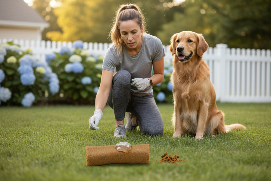 Dog owner checking a pet's stool during a walk, illustrating when mucus may be monitored and when a vet visit is needed