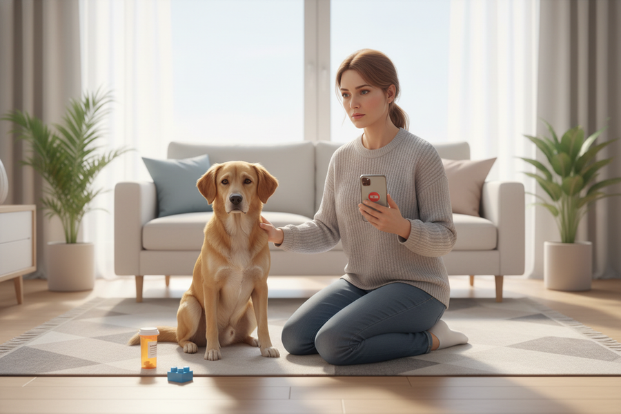 A calm dog owner checking a pet after a possible ingestion, with a phone and a small household item nearby.