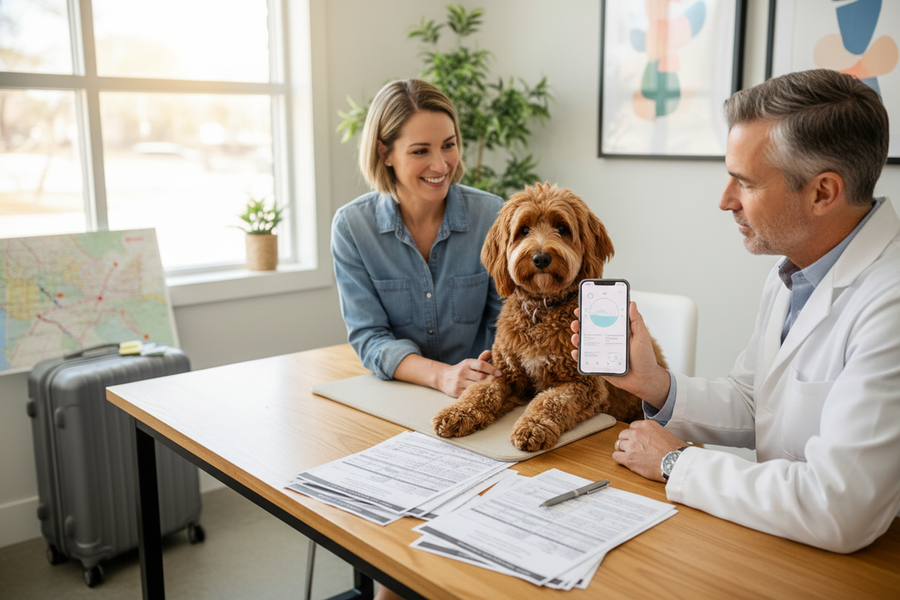 Dog owner reviewing vaccination records with a veterinarian before a move