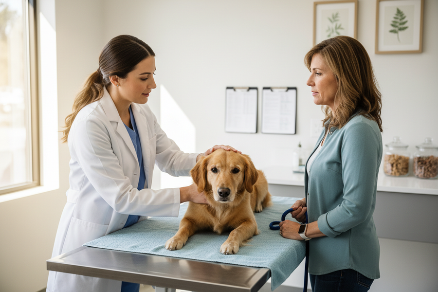 Veterinarian examining a calm dog with its owner in a quiet clinic before a booster visit.