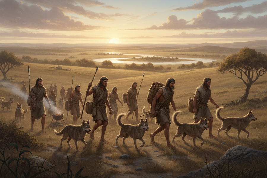 Illustration of early humans traveling with dogs through a changing prehistoric landscape