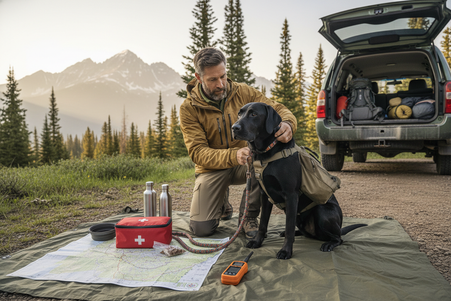 Hiker preparing a dog for a remote backcountry camping trip with gear laid out beside a trailhead vehicle