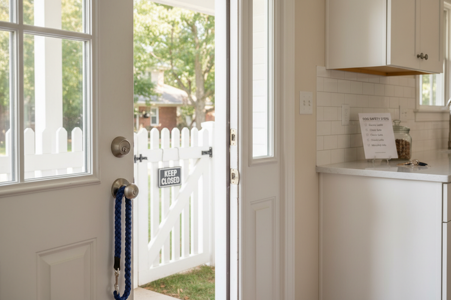 A calm household routine audit for dog escape prevention, showing a front door, leash, yard gate, and checklist on a kitchen counter, realistic US suburban home setting