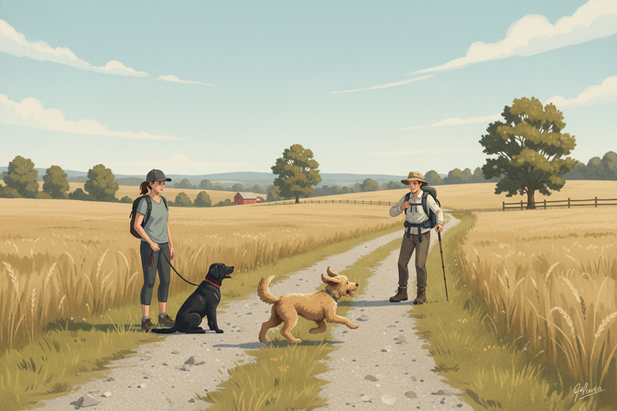A rural U.S. countryside scene showing the safety tension of an off-leash dog near a walker on a gravel path with open fields nearby.