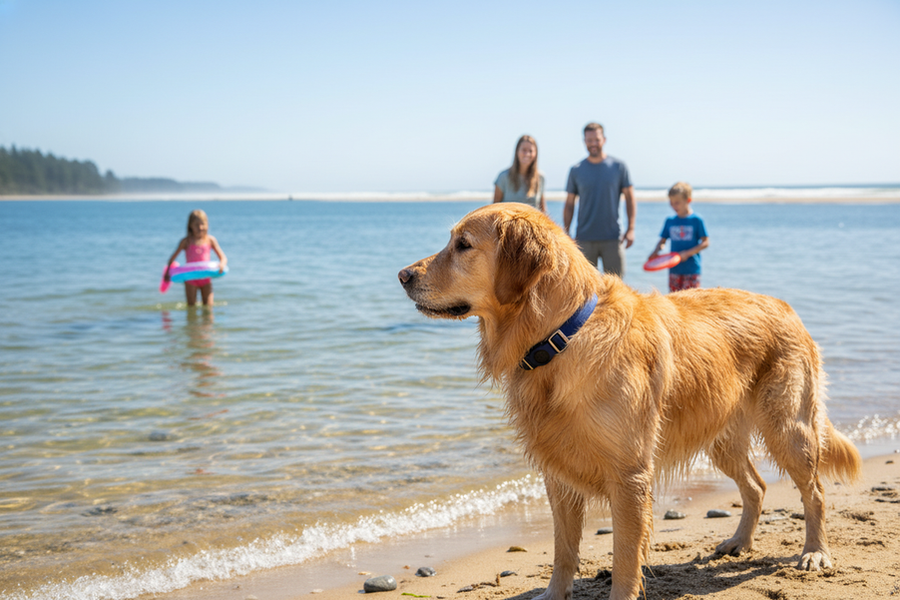 Dog wearing a waterproof tracker near a beach shoreline with lake water in the background