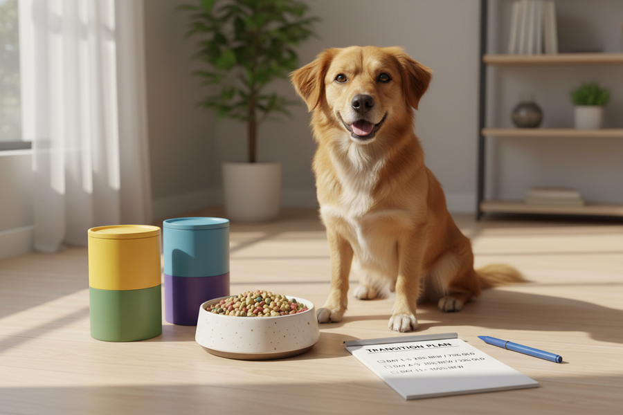 Illustration of a dog being fed a new kibble with a calm, structured transition plan beside the bowl.