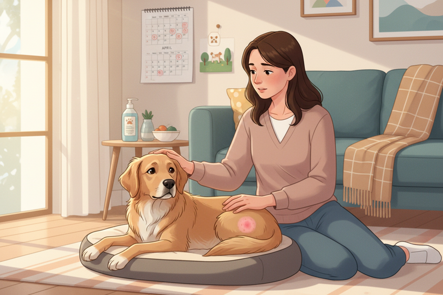 Illustration of a dog with a recurring hot spot pattern highlighted on the same body area over time