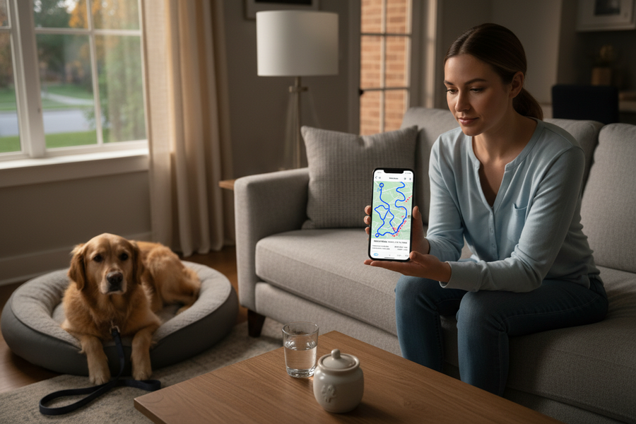 A dog route map on a phone showing familiar neighborhood loops with a few subtle deviations
