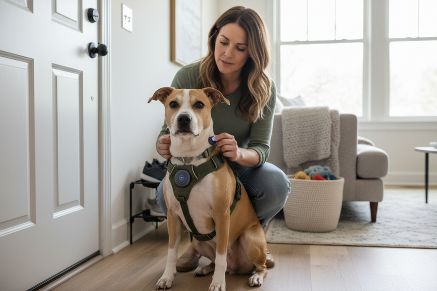 Rescue dog owner checking a connected pet tracker near the front door while the dog settles into a new home