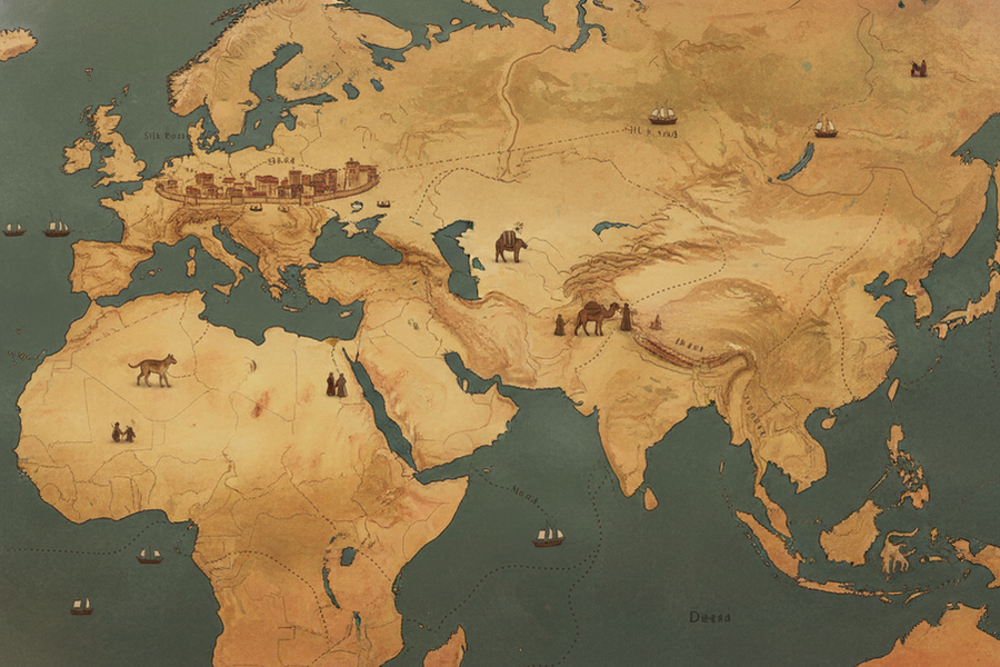 Illustration of ancient trade routes carrying dogs across continents through caravans, ports, and deserts.