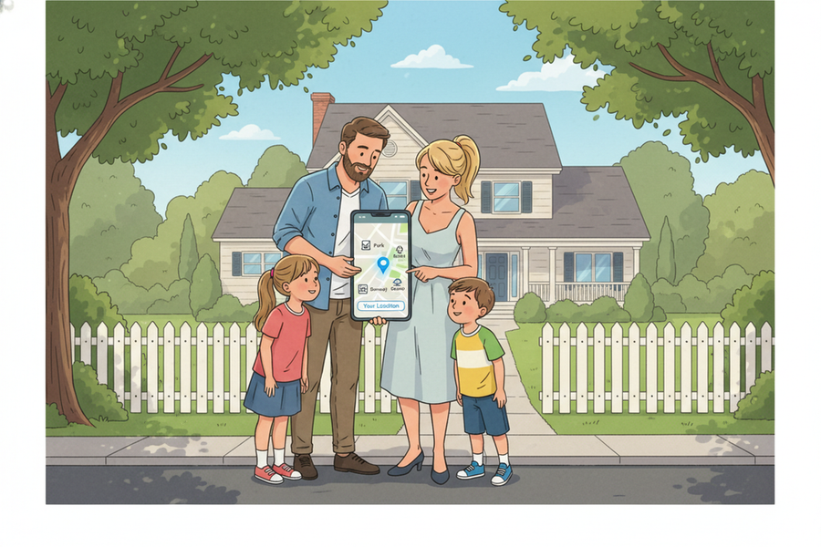 Suburban family checking a map app together