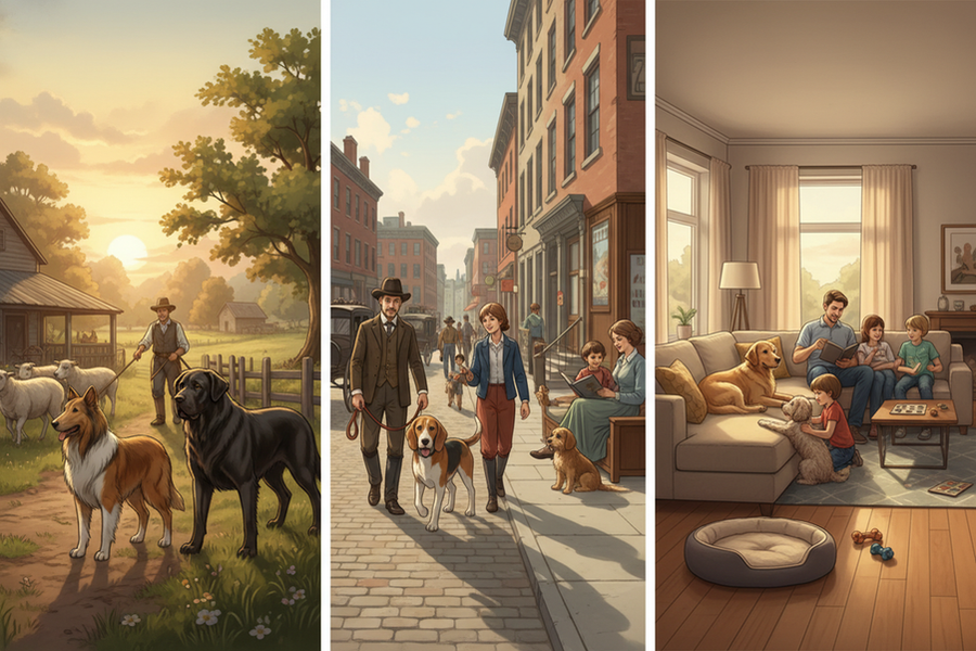 Illustration of dogs moving from farm and guard work into indoor family life across historical eras