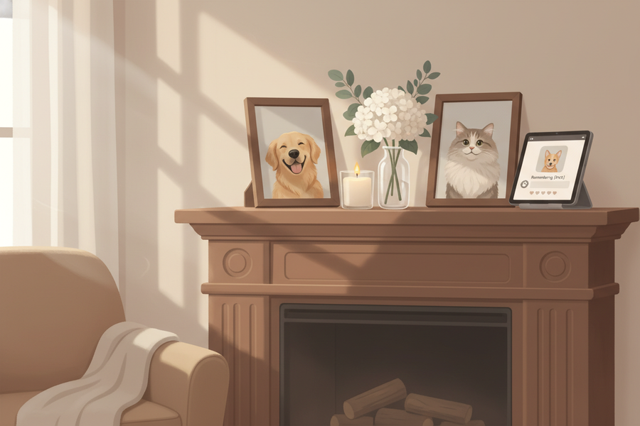 A compassionate digital pet memorial with candles, framed photos, flowers, and a soft social-media-inspired tribute display