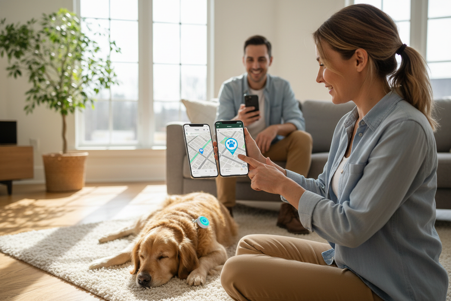 Pet owner transferring a GPS tracker to a new phone while a family member monitors location on another device