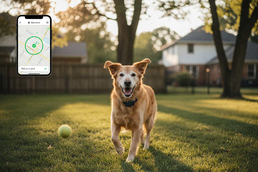 A senior dog in a yard with a GPS tracker collar, suggesting later-life connected care for an escape-prone breed.