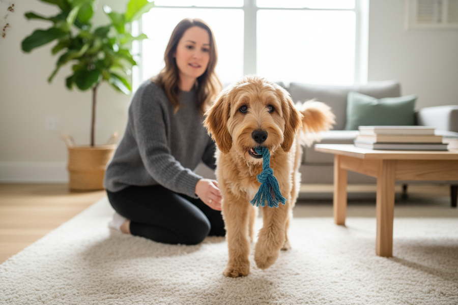 A young dog pausing during play while an owner watches closely