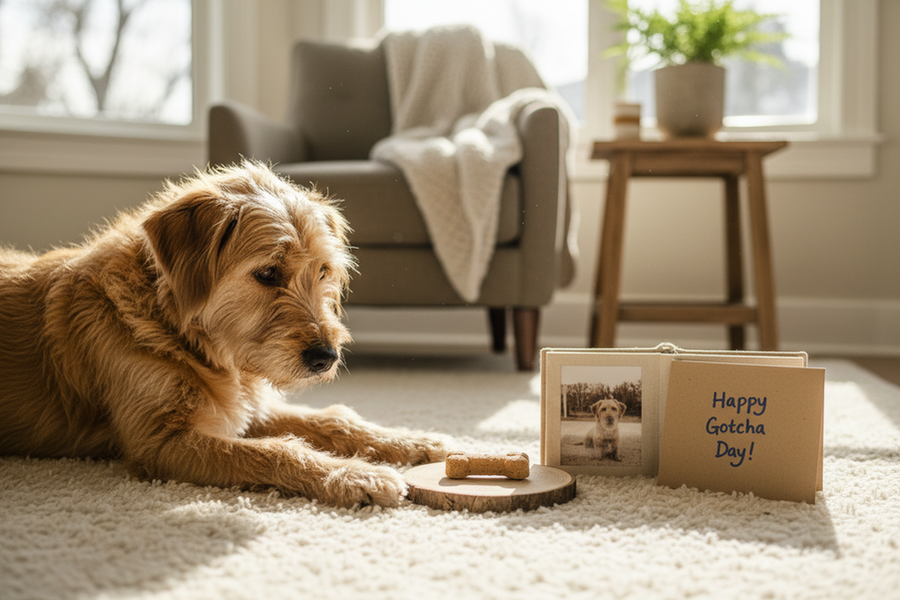 A rescue dog adoption anniversary scene with a simple treat, photo album, and handwritten Gotcha Day card.