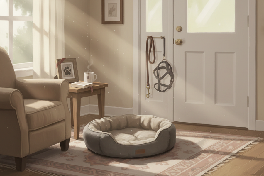 A quiet home scene with an empty dog bed, leash near the door, and soft daylight, representing grief after losing a dog.