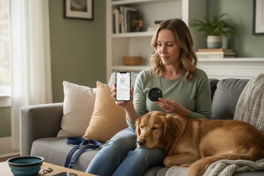 Dog owner checking a pet activity tracker next to a calm dog after a walk