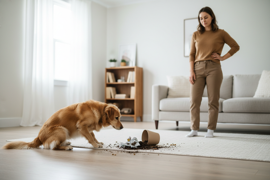 A dog showing appeasement body language near a small household mess while a person pauses calmly before reacting.