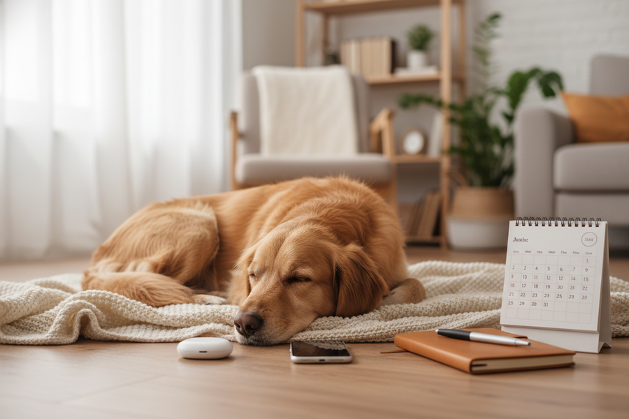 Dog resting beside a phone or tracker, illustrating baseline monitoring after a cancer diagnosis