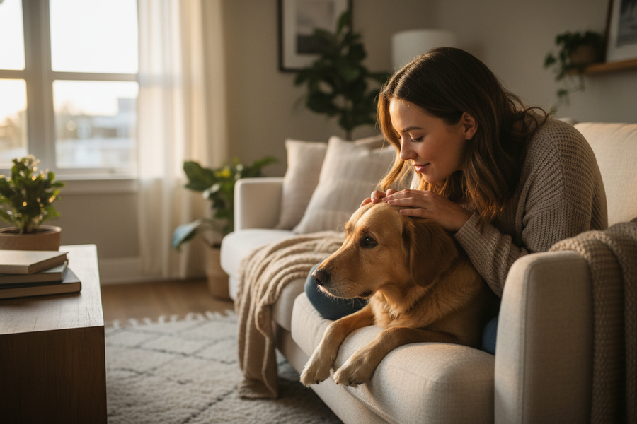 A dog owner speaking softly to a dog at home in a calm evening setting