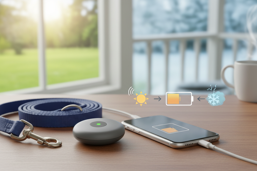 A pet GPS tracker on a leash near a charging cable and weather cues showing variable battery use.