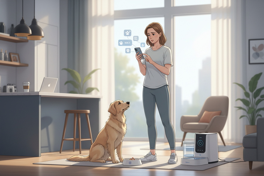 A busy pet owner checking several app notifications on a phone while a dog waits nearby