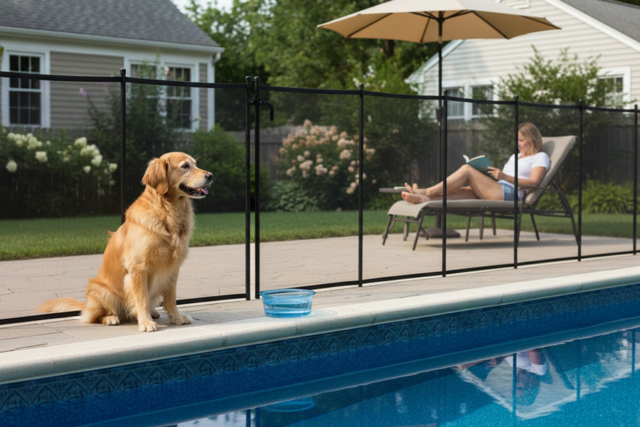 Dog near a backyard pool with a fresh water bowl and visible safety barriers