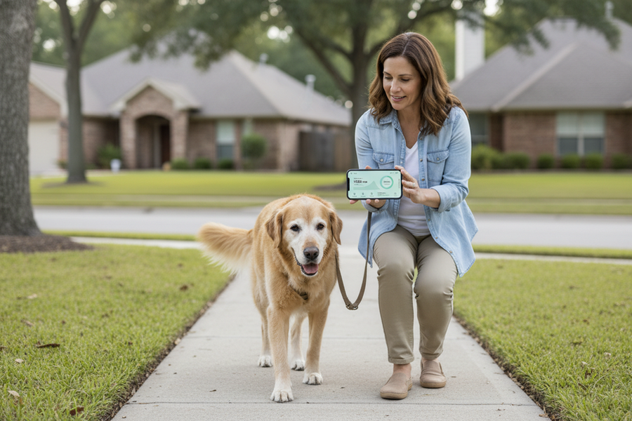 A senior dog walking slowly on a neighborhood sidewalk while an owner reviews a pet tracker app on a phone.