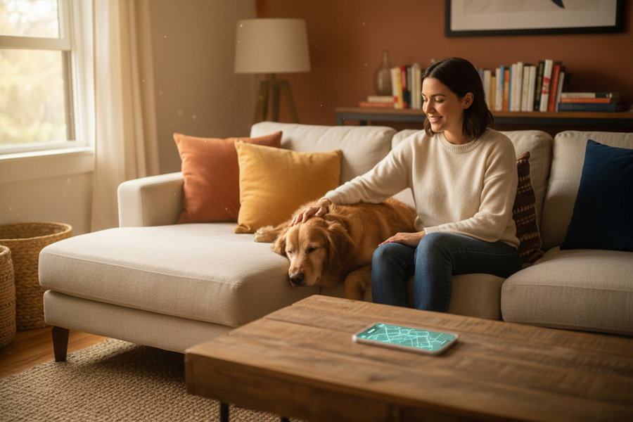 A person sitting calmly with a dog at home while a phone shows a subtle location map glow in the background, suggesting reassurance and trust.