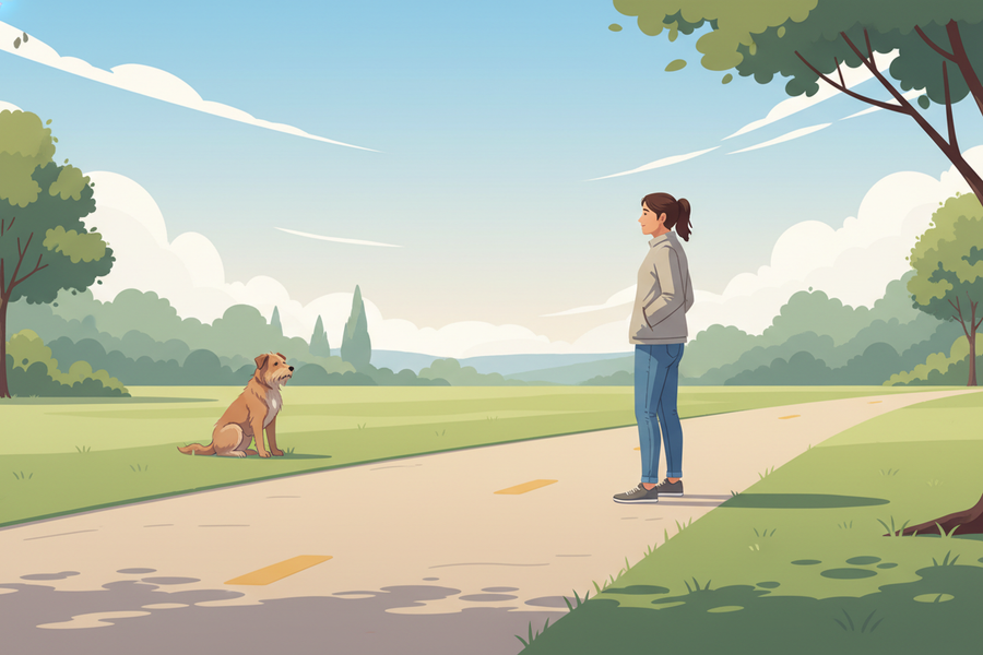 Persona manteniendo una distancia segura de un perro callejero mientras observa una ruta de salida y usa una postura tranquila.