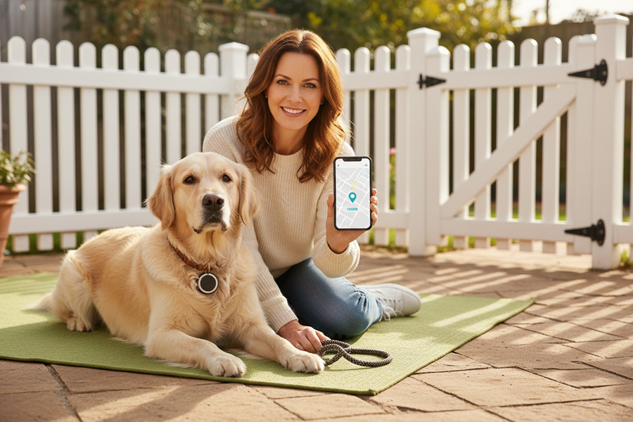 A practical pet safety scene showing a dog tracker, leash, and owner checking a phone app.