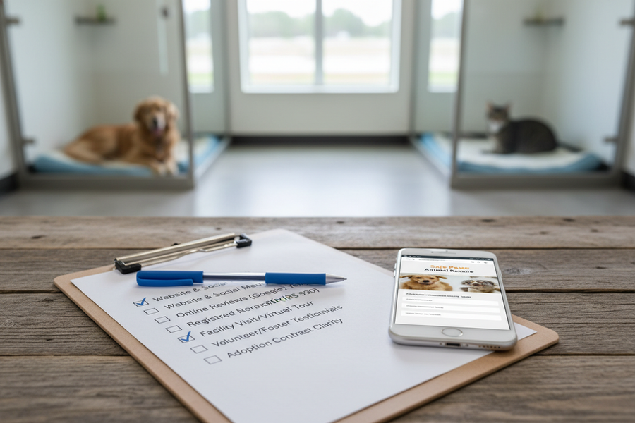 Checklist for verifying whether a pet rescue organization is legitimate before donating or volunteering