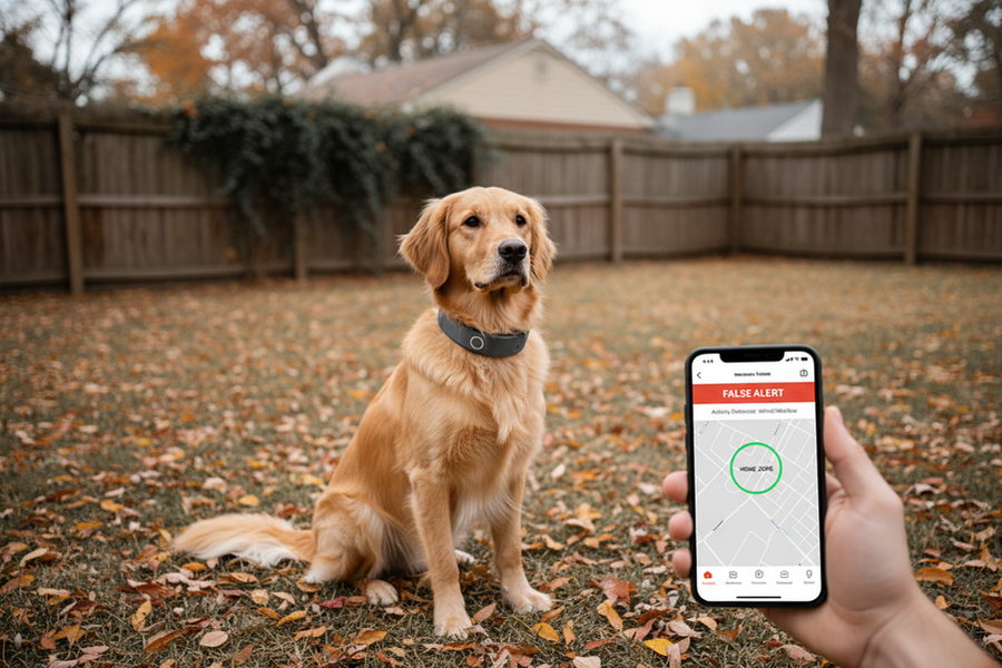 A smart pet collar with a GPS alert on a phone in a suburban yard during seasonal change