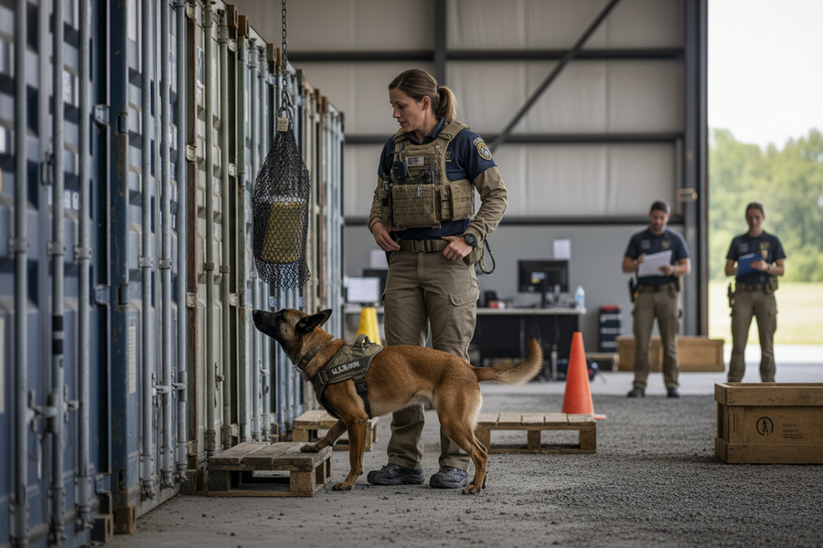 Explosive detection dog and handler working a checkpoint search with careful observation of body language
