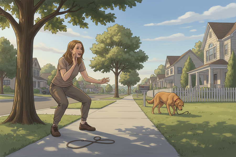 Dog owner stopping instead of chasing a runaway dog in a neighborhood, showing calm recovery behavior