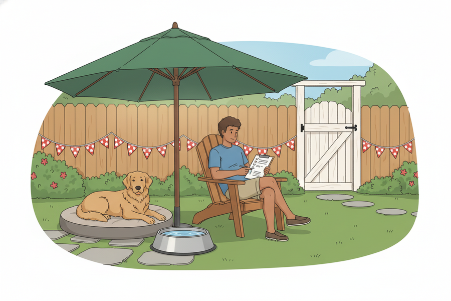 A dog in a fenced backyard with a person reviewing a simple safety plan nearby.