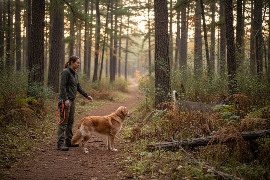 A dog and owner on a wooded off-leash trail with wildlife nearby, showing the moment a chase can begin.