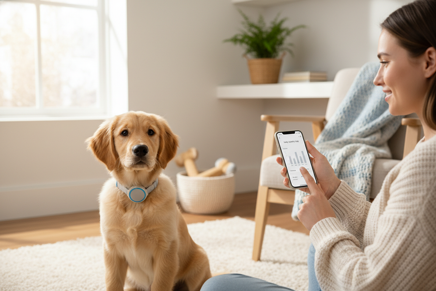 A puppy wearing a lightweight tracker while an owner reviews a simple activity baseline on a phone.