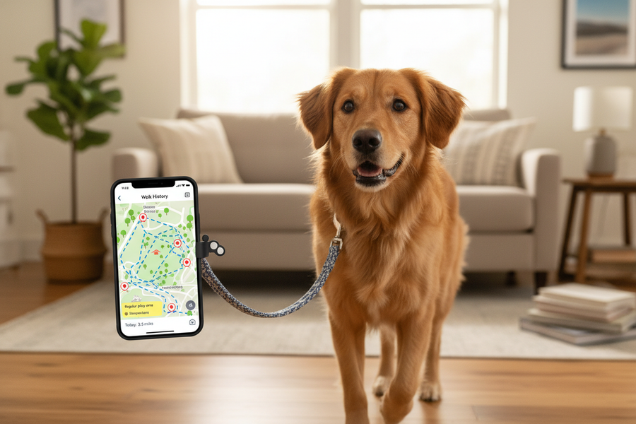 A dog route map with repeated walking paths, pause points, and highlighted possible stress zones.