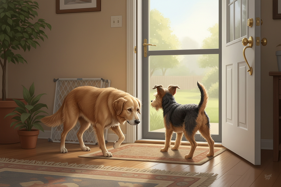 An older dog and a newly adopted dog stand near a home doorway, showing how senior wandering and rescue bolting create different escape risks.
