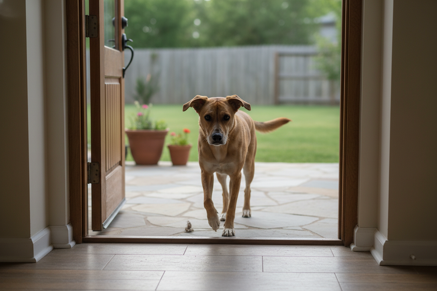 A cautious adult dog calmly observing a new environment during a slow adjustment period