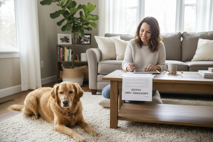 A calm adult rescue dog at home while an adopter reviews paperwork, illustrating the early adoption trial period.