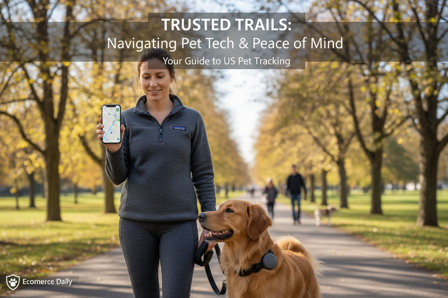 A pet owner checking a GPS tracker app while walking a dog outdoors