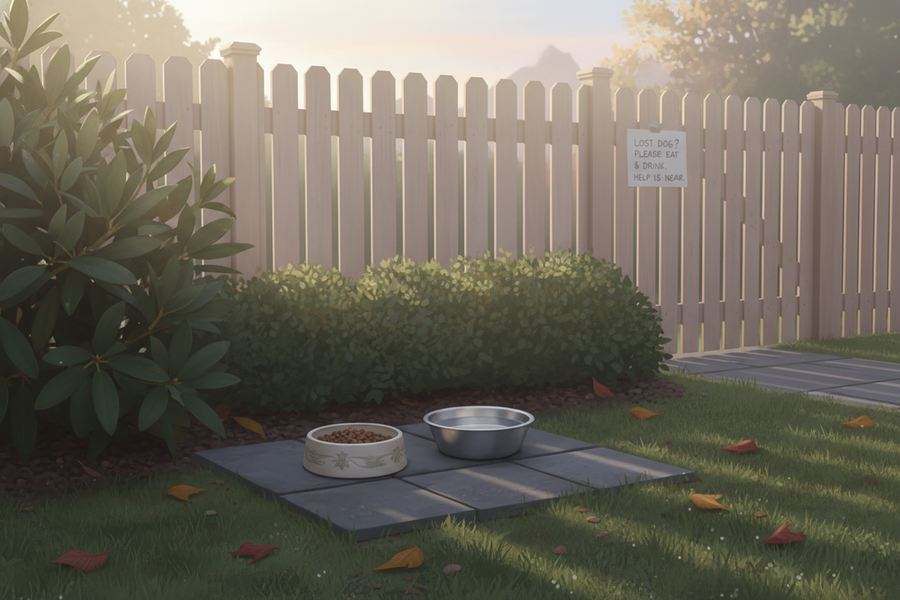 A quiet lost dog feeding station set near cover at the edge of a residential area.