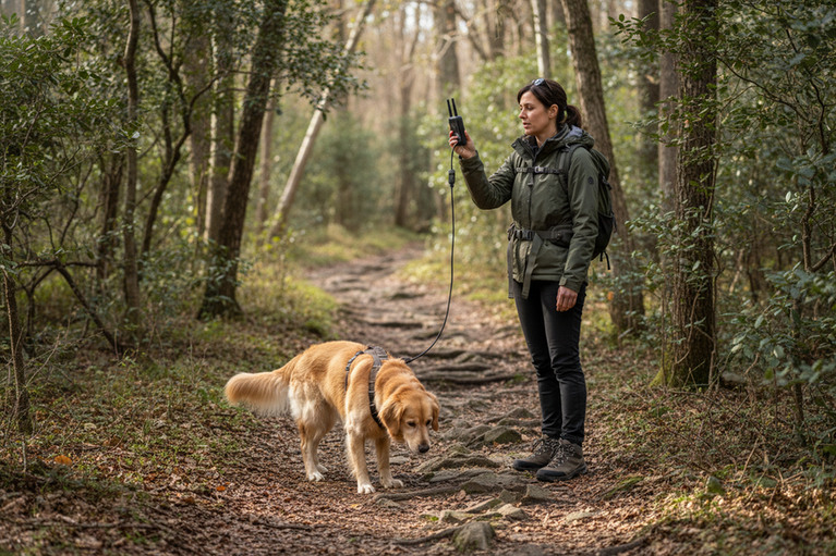 Dog on an unfamiliar hiking trail with an owner checking a GPS tracker